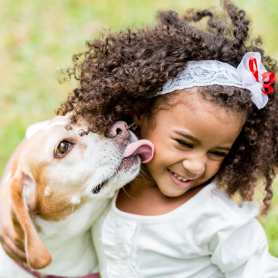 Dog licking young girl